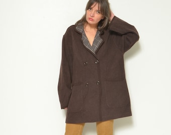 Vintage 80s Wool Brown Oversized Coat - Size Medium