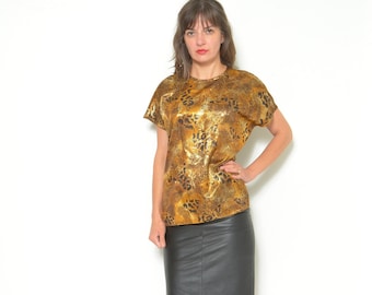 80s Metallic Leopard Print Blouse: Vintage Gold Top, Size Large