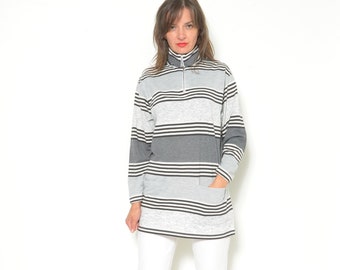 Striped High Neck Zipper Top Vintage 90s Long Sleeve Color Blocking Cotton Shirt Cozy Comfortable Blouse With Pockets - Size Medium