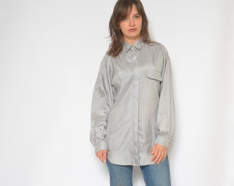 Satin Button Blouse / Vintage 80s Glossy Silver Oversized Long Sleeve Shirt - Size Large