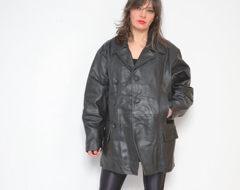 Vintage 90s Black Leather Blazer - Fitted Genuine Leather Jacket, Size Medium