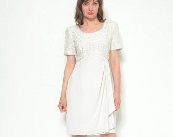 Vintage 90s Lace Mini Dress - Short Sleeve Draped - Size Large