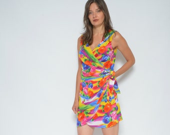 Wrap Up Floral Dress / Vintage 90s Sleeveless Colorful  Abstract Summer Short Sundress - Size Medium