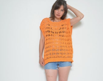 Gehaakte doorschijnende blouse / vintage jaren 90 mouwloos doorzichtig net oversized zomertop - maat Large/Extra Large