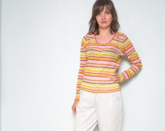Vintage jaren 90 gestreepte mesh top - kleurrijke blouse met lange mouwen, maat medium