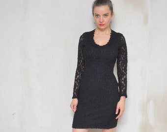 Sheer Sleeve Lace Dress / Vintage 90s Tight Short mini Dress - Size Small