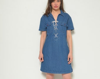 Vintage 90's Lace Up Denim Dress / Short Sleeve Jean Mini Dress - Size  XL