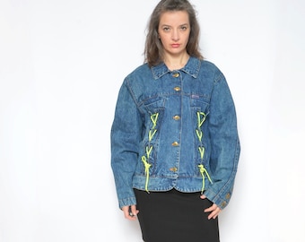 Lace Up Denim Jacket / Vintage 90s Classic Jean Button Oversized Jacket - Size XL