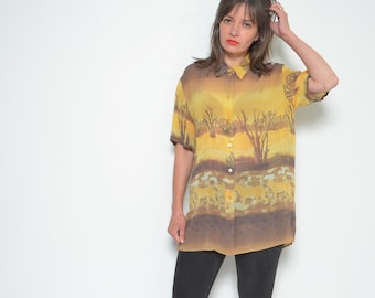 90s Sheer Viscose Blouse: Vintage Oversized Animal Print Shirt - Small/Medium
