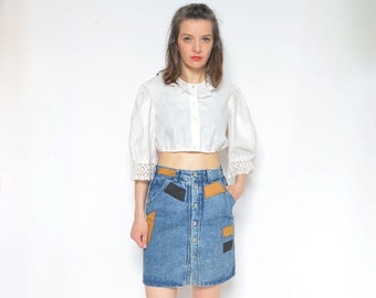 Patchwork Denim Skirt / Vintage 90s Midi Jean Skirt - Size Small