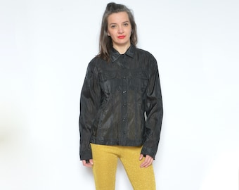 Vintage 90s Mesh Shirt – Black Sheer Long Sleeve Top, Oversized