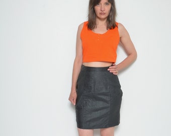 Real Leather Skirt/ Vintage 90s High Wast Genuine Leather Short Mini Skirt - Size Medium