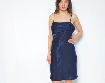 Iridescent Slip Dress /Vintage 90's Sleeveless Glossy Blue Spaghetti Strap Short Mini Prom  Dress - Size Large