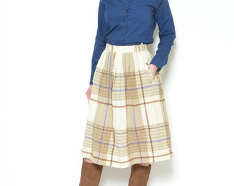 Vintage 80s Plaid Wool Skirt - Pleated High Long Pastel Colors Lightweight  - Size Small Medium