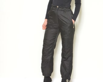 80's Ski Pants / Vintage  Skiing Snowboarding Elastic Waist Glossy Black Pocket Sports Trousers - Size Small