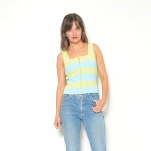 90s Vintage Striped Crop Top: Color Block Zipper Blouse, Size Small