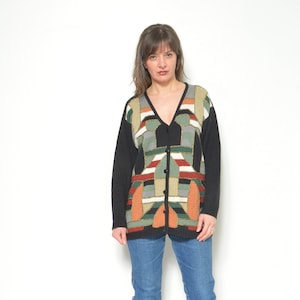 Vintage 80s Abstract Button Wool Cardigan / Geometric Sweater With Design Size Medium