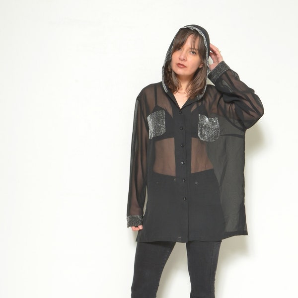 Vintage 90s Sheer Mesh Hooded Shirt /Metallic Loose Fit See Through Button Blouse - Size L XL