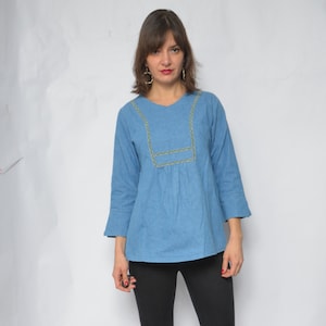 Embellished Denim Shirt / Vintage 90s Tie Waist Long Sleeve Jean Maternity Top / Denim Blouse - Size Small