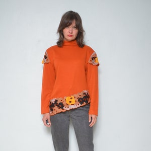 Asymmetric Embellished Blouse  /Vintage 80's Long Sleeve Turtleneck Burnt Orange Top - Size Medium