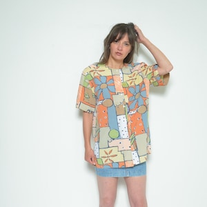 Floral Print Blouse/ Vintage 80s Colorful Pastel Colors Flower Abstract Print Buttons Up Short Sleeve  / Colorful Top - Size Large