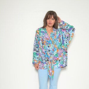 Abstract Print Oversized  Shirt / Vintage 80s Colorful Long Sleeve Tie Waist Button Long Oversized Blouse 1980s Top  Size Medium 07 20