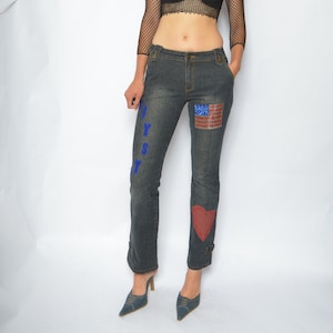 Beaded Jeans / Vintage 00&#39;s USA Flag Heard Embroidered Straigt Leg Stone Wash Denim Pants - Size Small