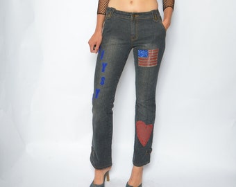Vintage Beaded Jeans: 90s USA Flag Embroidered Denim - Size Small