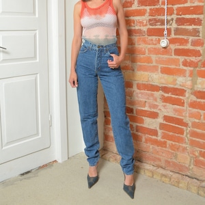 80s High Waist Tapered Leg Extra Long Jeans- Size Small