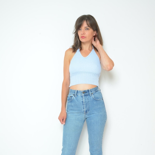 Halter Knit Top / Vintage 90s Ribbed Light Blue Backless Sleeveless Cropped Summer Blouse - Size Extra Small