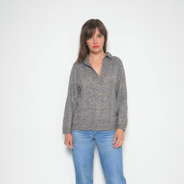 Fuzzy Kragen Pullover / Vintage 80er Jahre Multi Color leichter Strick Pullover - Größe Medium