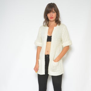 Ribbed Wool Cardigan / Vintage 90s Short Sleeve Long Pocket Sweater - Size Small