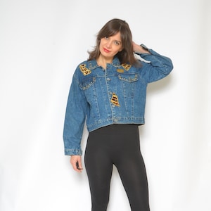Cropped Denim Jacket / Vintage 80s Embellished Stud Animal Print Short Jean Jacket - Size Small