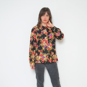 Floral Button Blouse / Vintage 70s Sweish Colorful Long Sleeve Shirt - Size Large