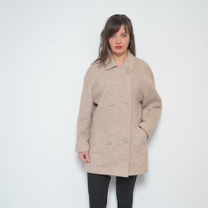 80s Wool Button Coat / Vintage Striped Tweed Short Winter Jacket With Pockets - Size Large