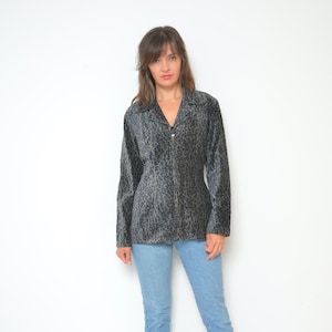 Velvet Leopard Jacket / Vintage 90s Zipper Animal Print Fitted Blazer - Size Medium