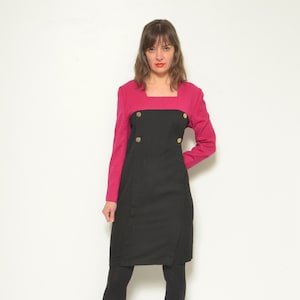 Vintage 80&#39;s Color Blocking Dress  / Wool Long Sleeve Winter/Fall Midi Colorful Dress - Size Large