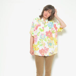 Floral Print Blouse/ Vintage 90s Colorful Flower Print Buttons Up Short SleeveBlouse / Colorful Top - Size Medium