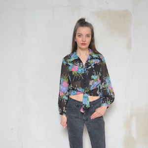 Sheer Tie Waist Blouse / Vintage 70s Floral Long See Through Sleeves Cropped Button Top - Size Medium