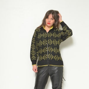 Vintage Wool Zipper Cardigan / Geometric Pattern Yellow And Black Sweater Size Small image 1