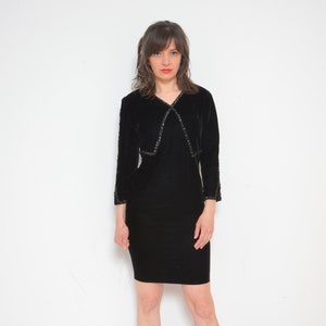 Velvet Mini Dress / Vintage 80s Long Sleeve Sequin Short Dress - Size  Small