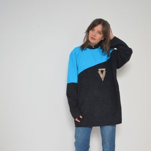 Color Blocking oversized Blouse / Vintage 80s Futuristic Style Long Sleeve Turquoise Long Top - Size Large
