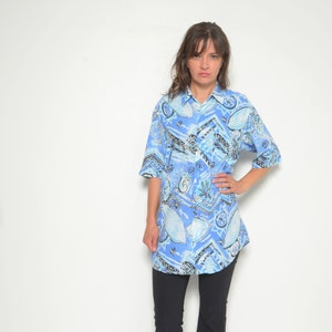 Abstract Print Button Blouse / Vintage 90s Geometric Pattern  Multi Color Oversized Short Sleeve Shirt - Size Medium