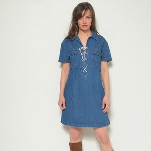 Vintage 90's Lace Up Denim Dress / Short Sleeve Jean Mini Dress Size XL image 1