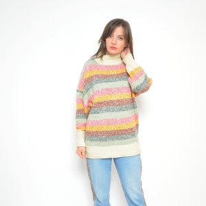 Rainbow Oversized Sweater / Vintage 00s 2Yk  High Neck Colorful Striped Pullover - Size Medium/Large