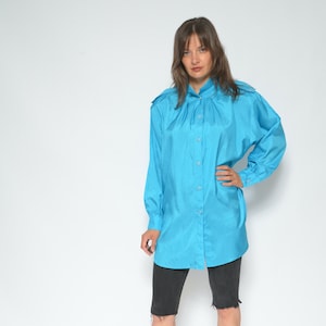 Oversized Silk Like Blouse / Vintage 80s Big Shoulder Long Sleeve Button Shirt - Size Medium