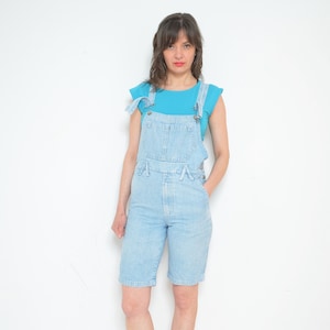 Light Blue Denim Overalls / Vintage 90&#39;s Denim Jumpsuit Shorts - Size Small