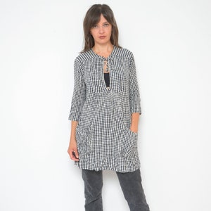 Vintage 90s Checkered Linen Tunic Dress: Half Sleeve Tie Neck