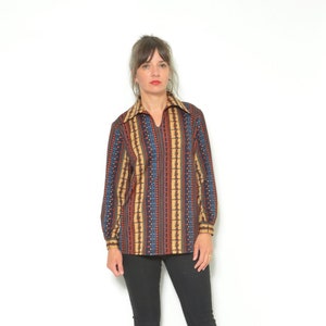 Vintage 80s Micro Floral Button Shirt Long Sleeve Collared Colorful Blouse- Size Medium/Large
