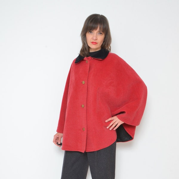 Capuche bouton en laine / vintage 80s Col en velours Short Coat Poncho - Taille Moyenne